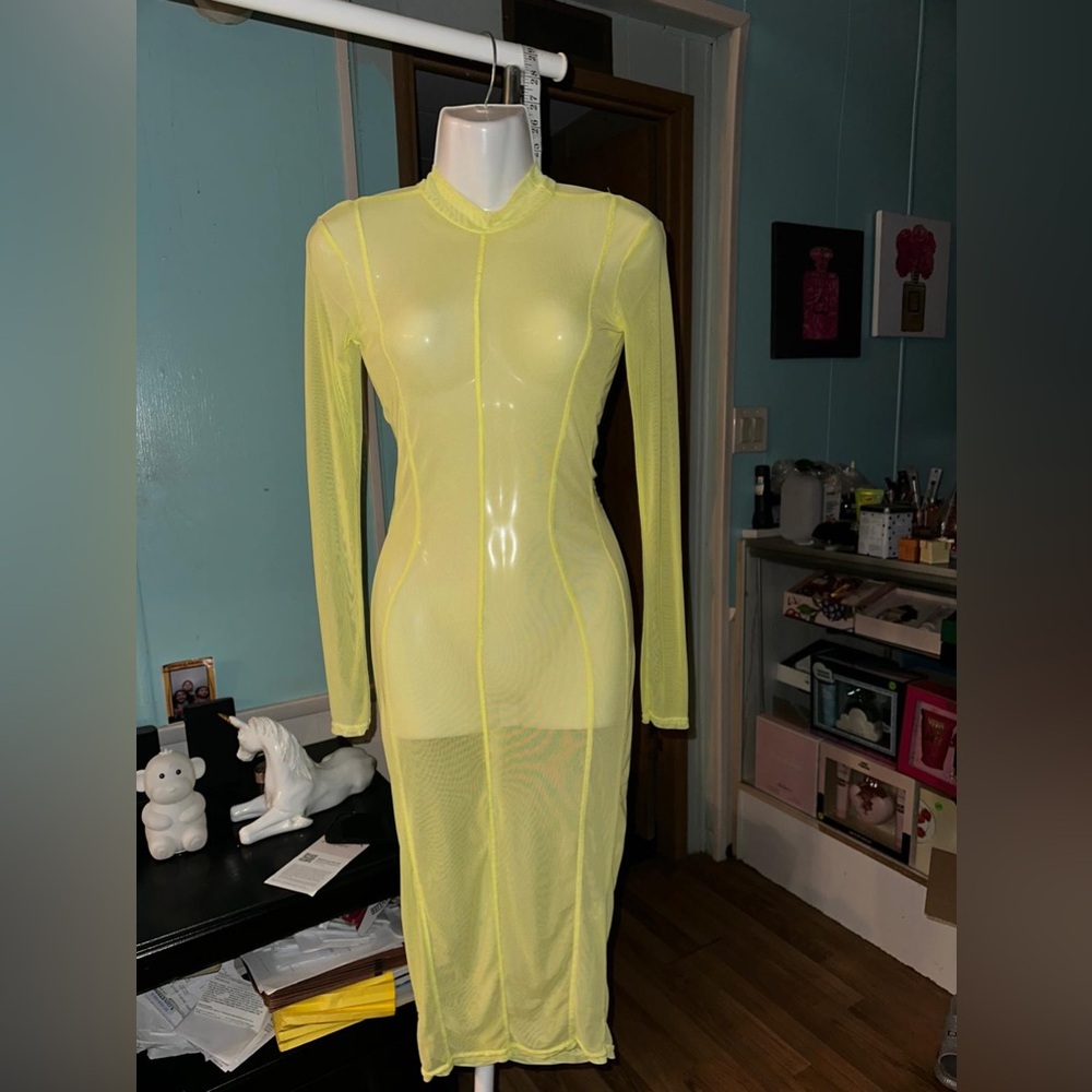 PrettyLittleThing Neon Yellow Long Sleeve Sheer Mesh Dress